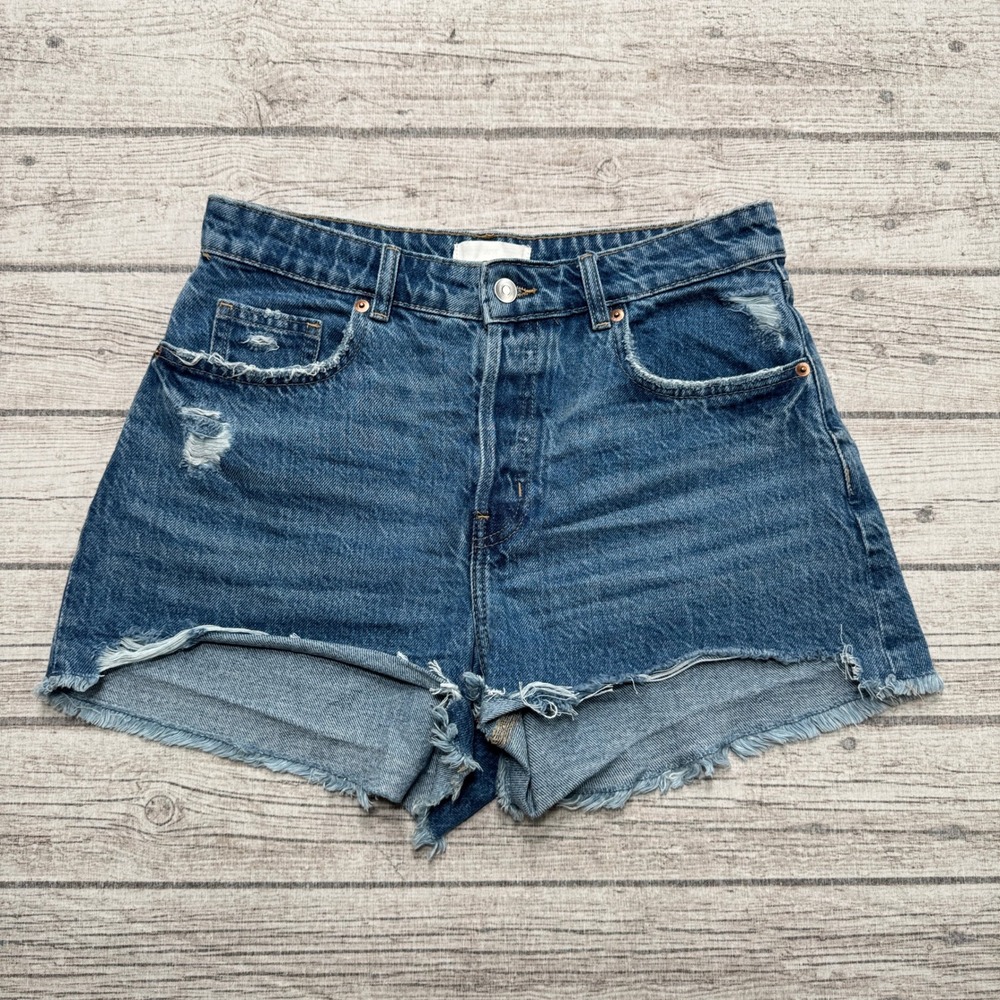 H&M Shorts Women's 8 Blue Denim High Rise Cut Off Distressed Whiskered Summer
